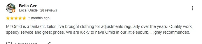 Five-star review from Bella Cee recommending a tailor named Mr Omid for quality clothing adjustments