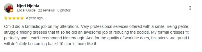 5-star review from Njeri Njehia praising alterations and tailoring services from a year ago