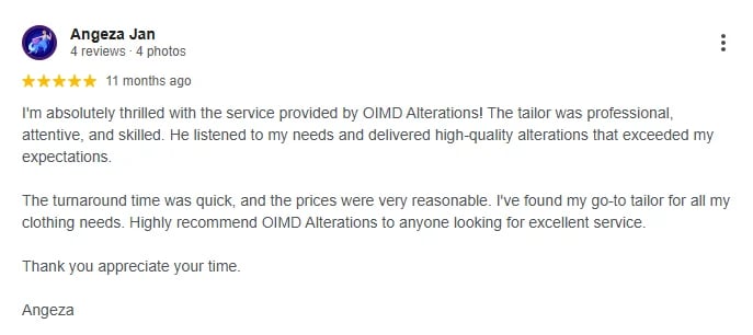 Five-star review from Angeza Jan praising OIMD Alterations tailor services and professional quality work